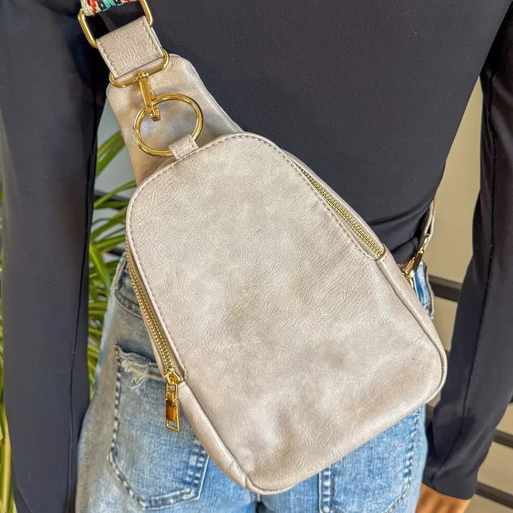 Moda Luxe Regina Vegan Leather Sling Backpack Gray Silver Boho Guitar Strap 888